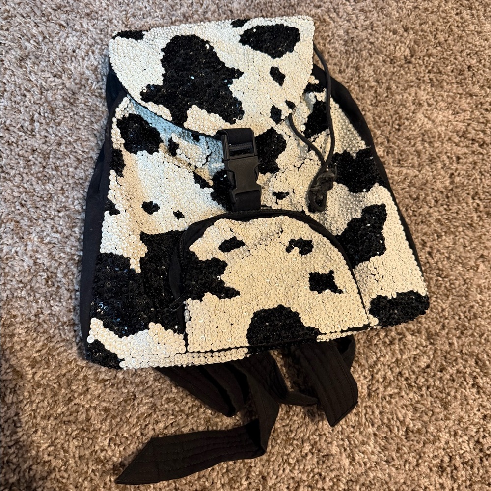 Vintage Black and White Sequin Cow-Print Backpack